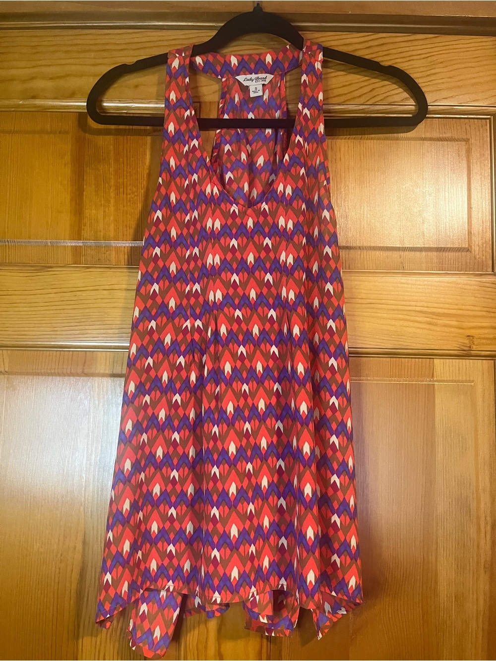 Lucky Brand S Geometric Print Racerback Top Red Purple Boho High Low